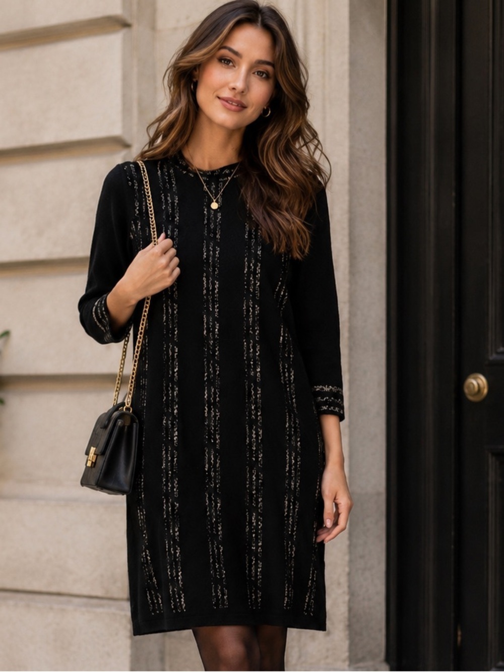 Signature by Robbie Bee Black Dress with Gold Metallic Stripes